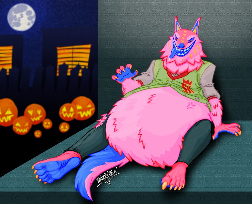 5_toes ambiguous_gender ambiguous_prey anthro blue_tongue bottomwear building clothing feet fur grin house jack-o'-lantern male moon pants paws pinata shirt sitting smile soft_vore toes tongue topwear vore conditional_dnp tanookicatoon epic_games fortnite andy_fangerson alebrije canid canine canis mammal wolf 2024 absurd_res hi_res