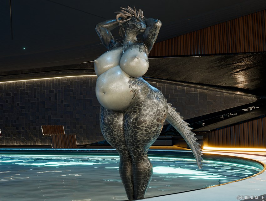 anthro areola big_breasts breasts countershading curvy_figure female forest grey_body grey_countershading hands_behind_head horn navel night nipples non-mammal_breasts non-mammal_navel non-mammal_nipples nude plant pool poolside pose pregnant pregnant_anthro pregnant_female presenting scales smile smiling_at_viewer solo tail thick_thighs tree twitter_handle voluptuous voluptuous_anthro voluptuous_female guimontag microsoft the_elder_scrolls argonian scalie 3d_(artwork) absurd_res digital_media_(artwork) hi_res