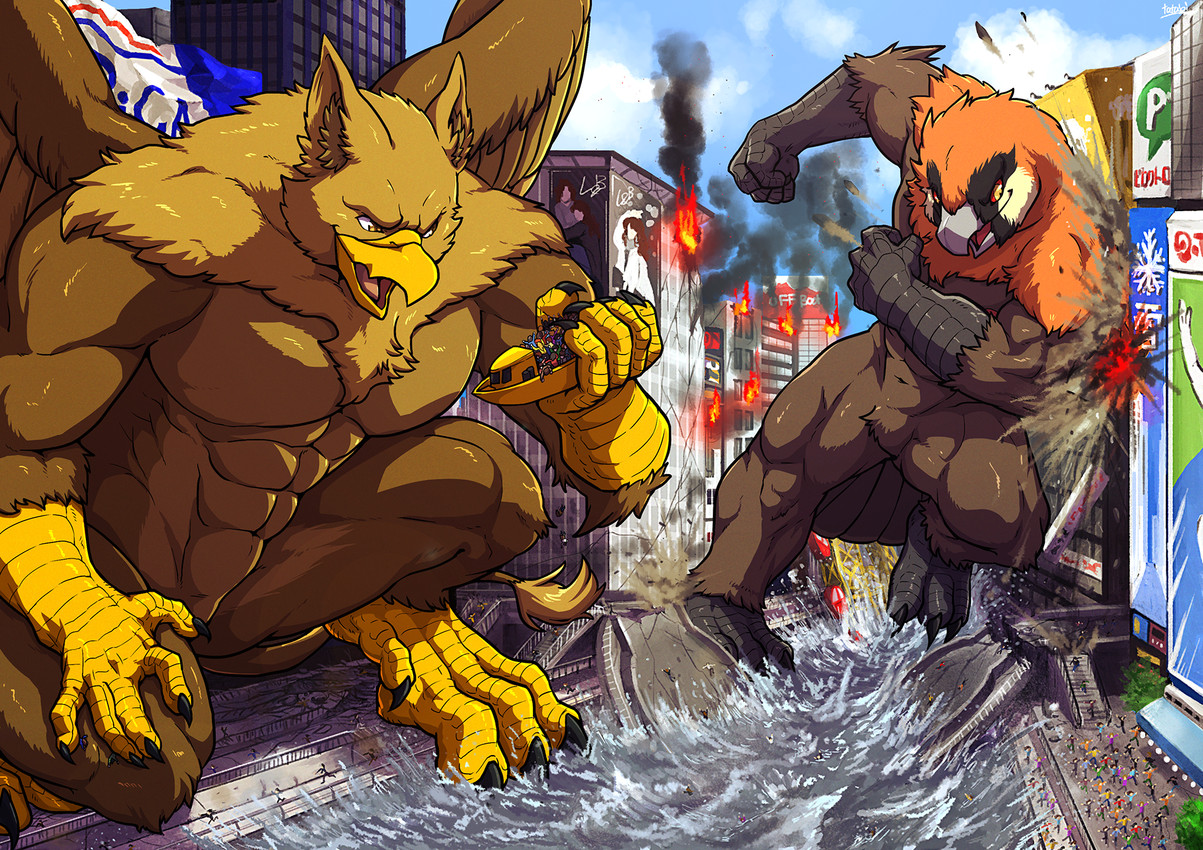 4_toes 5_fingers abs anthro beak biped brown_body brown_fur building building_destruction city city_background city_crushing city_destruction cityscape claws destruction duo extreme_size_difference feathered_wings feathers feet finger_claws fingers fire fur house landscape_dwarfing macro macro_anthro macro_male male muscular muscular_anthro muscular_male nude open_mouth outside pawpads paws pecs rampage river ship size_difference sky smile stomping tail toe_claws toes vehicle vehicle_destruction watercraft wings tatugon mythology carpo sergey_(abiki) accipitrid accipitriform avian bearded_vulture bird gryphon mythological_avian mythological_creature old_world_vulture vulture hi_res