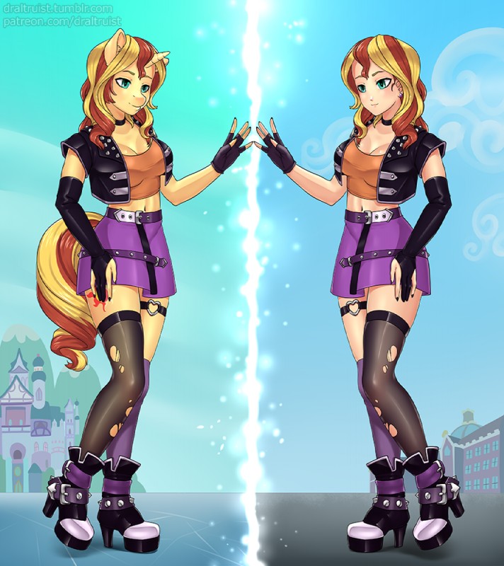 alternate_form alternate_species alternate_universe anthro anthrofied armwear biped boots clothed clothing elbow_gloves female footwear fully_clothed gloves handwear heart_symbol high_heeled_boots high_heels horn humanized legwear shoes solo split_screen square_crossover standing stockings symmetry thigh_highs torn_clothing draltruist equestria_girls hasbro my_little_pony mythology sunset_shimmer_(eg) equid equine human mammal mythological_creature mythological_equine unicorn 2018 digital_media_(artwork) full-length_portrait portrait