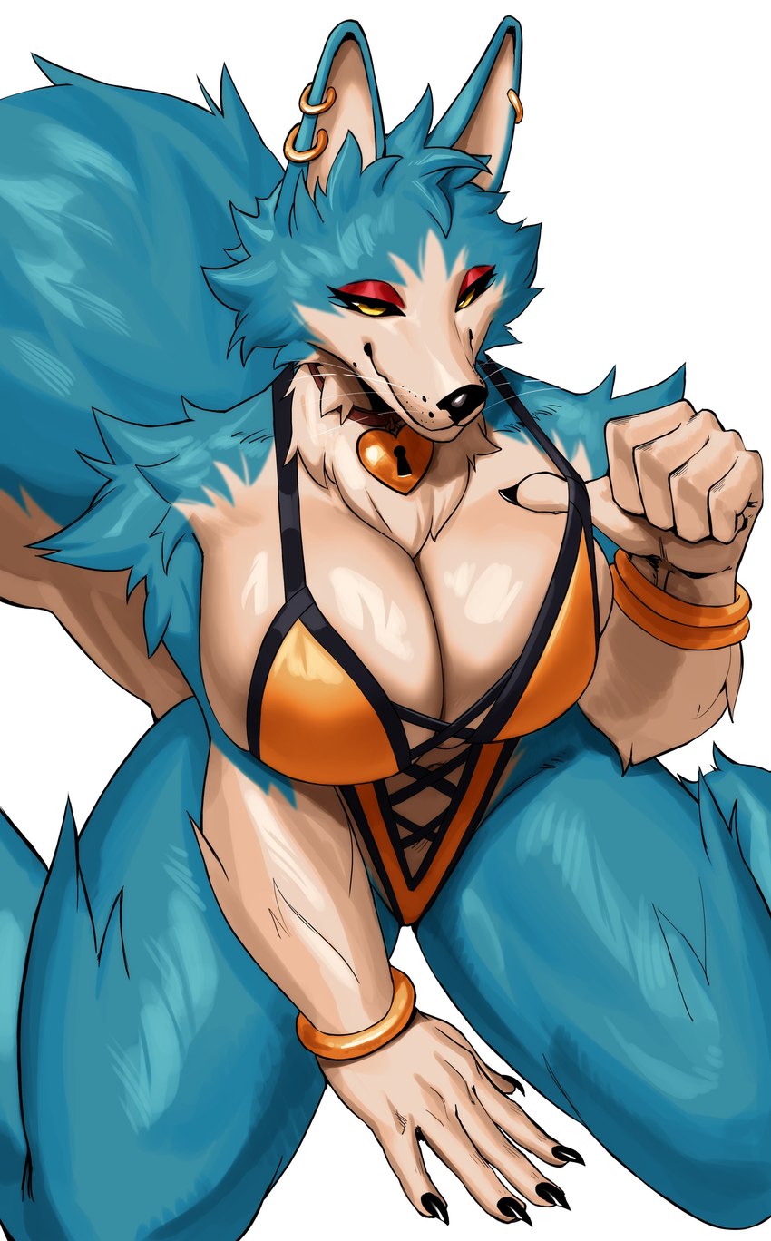 anthro big_breasts blue_body blue_fur breasts claws cleavage clothed clothing ear_piercing ear_ring female fur neck_tuft piercing ring_piercing simple_background solo tail tan_body tan_fur tuft sotcho kloey_(pajamamcham) canid canine canis mammal wolf absurd_res digital_media_(artwork) hi_res