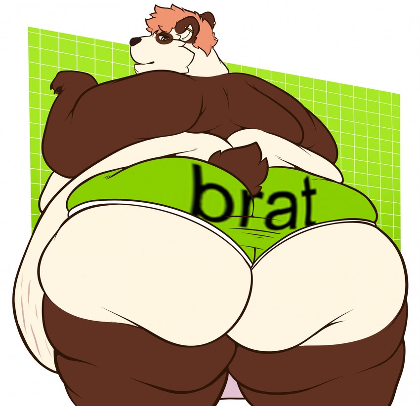 anthro belly belly_overhang big_belly big_butt black_body black_fur bottomwear brown_body brown_fur brown_tail butt claws clothing ear_piercing fat_rolls fur green_eyes hair huge_belly huge_butt industrial_piercing looking_at_viewer looking_back looking_back_at_viewer male multicolored_body multicolored_fur narrowed_eyes neutral_expression obese obese_male overweight overweight_male piercing red_hair short_hair solo stretch_marks tail text text_on_bottomwear text_on_clothing text_on_underwear three-quarter_view toony two_tone_body two_tone_fur underwear white_sclera reppu brat_(charli_xcx) charli_xcx bear giant_panda mammal 2024 digital_media_(artwork) hi_res portrait three-quarter_portrait