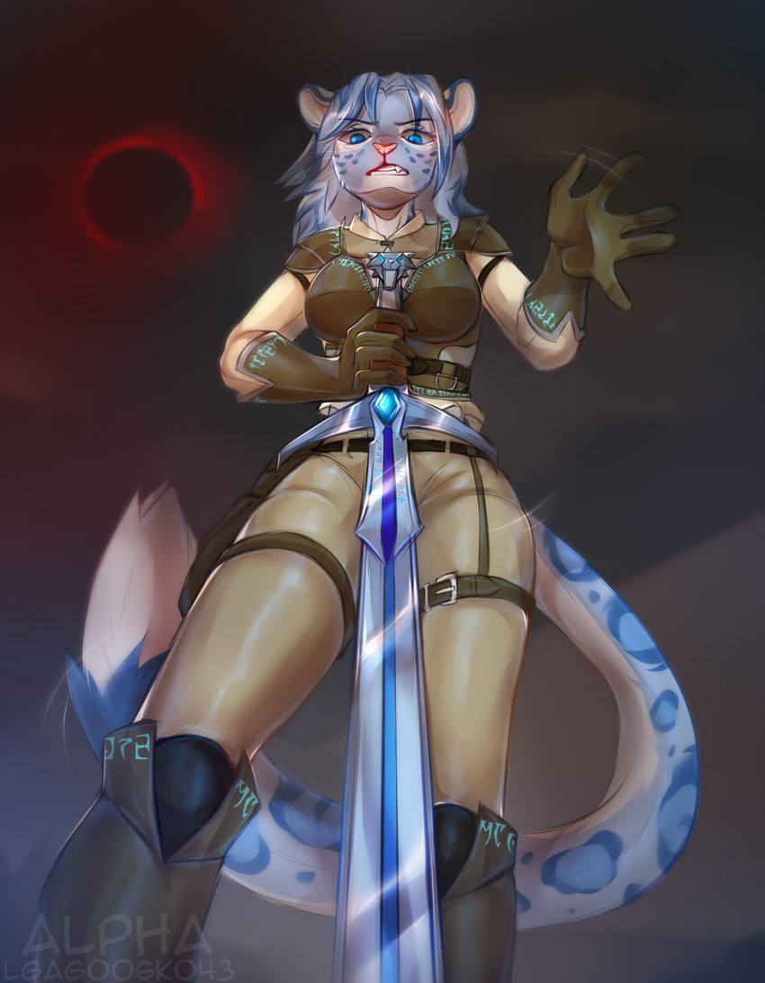 angry anthro armor belt belt_pouch blue_body blue_eyes blue_fur blue_hair blue_markings blue_spots blurred_background boots bottomwear breasts clothed clothing daedric_runes eclipse female footwear fur gem gloves grey_body grey_fur grey_hair hair hand_on_sword handwear holding_melee_weapon holding_object holding_weapon inner_ear_fluff leather leather_armor leather_boots leather_clothing leather_footwear leather_gloves leather_handwear leather_strap leather_topwear leather_vest looking_at_viewer magic_clothing magic_runes markings melee_weapon pants pauldron runes runic shirt shoes solar_eclipse solo spots spotted_body spotted_fur standing straps sword tail tight_bottomwear tight_clothing tight_pants topwear tuft vest weapon white_body white_fur lgag006k043_(artist) microsoft the_elder_scrolls m'ria_(maks_hunt) felid khajiit mammal pantherine snow_leopard 2024 digital_drawing_(artwork) digital_media_(artwork) hi_res