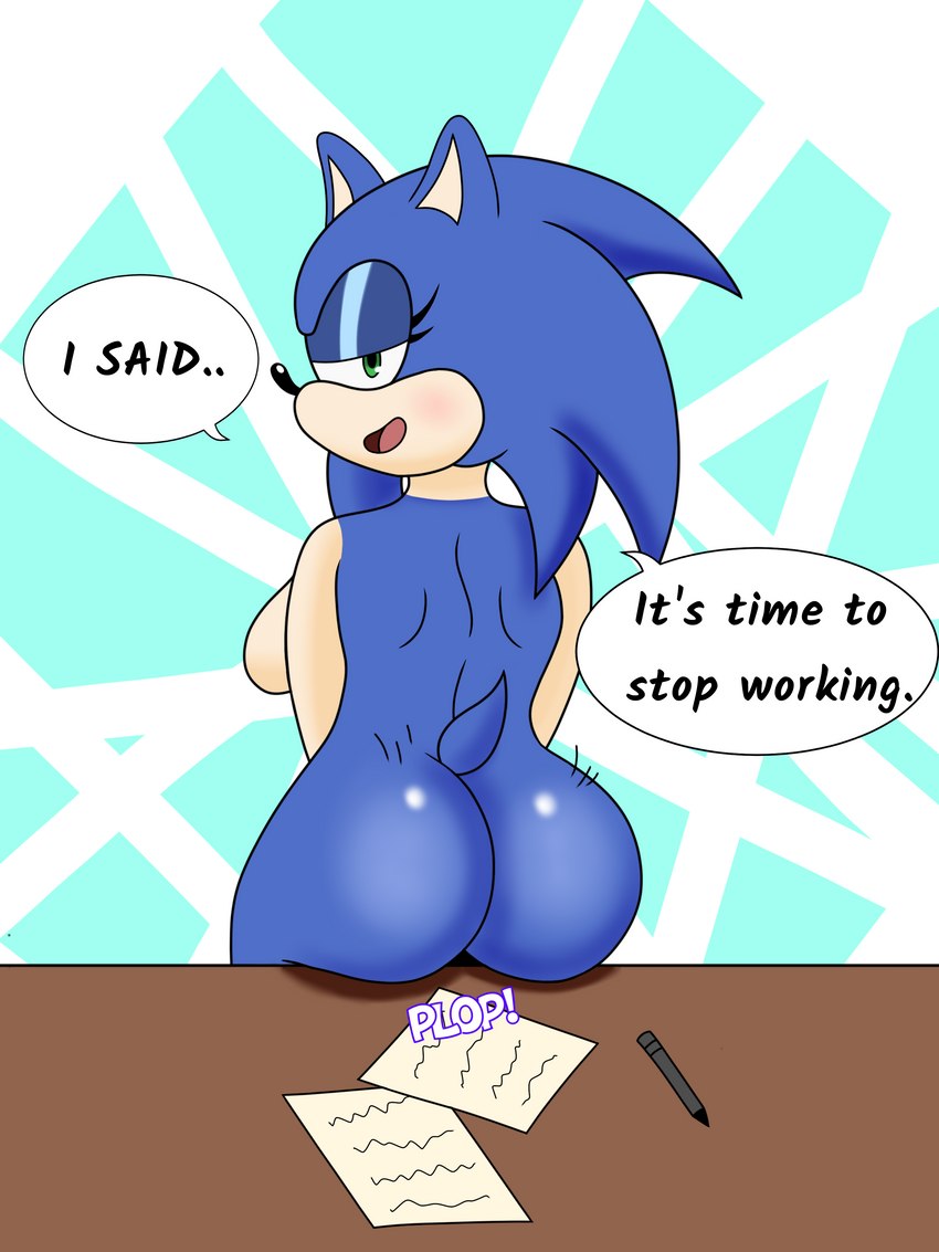 anthro big_butt blue_body blue_fur butt crossgender desk female flirting flirting_with_viewer fur furniture green_eyes mtf_crossgender solo table bloodred739 sega sonic_the_hedgehog_(series) sonic_the_hedgehog eulipotyphlan hedgehog mammal 3:4 absurd_res hi_res