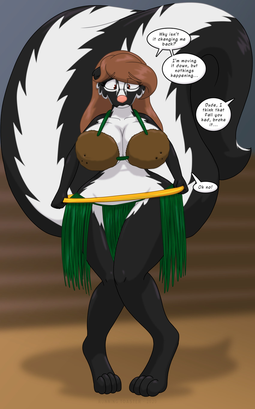 after_transformation anthro barefoot big_breasts black_body breasts brown_hair coconut_bra feet female hair hula_hoop looking_down offscreen_character pigeon_toed solo standing text white_body wide_hips runningtoaster mammal mephitid skunk 2020 5:8 english_text hi_res