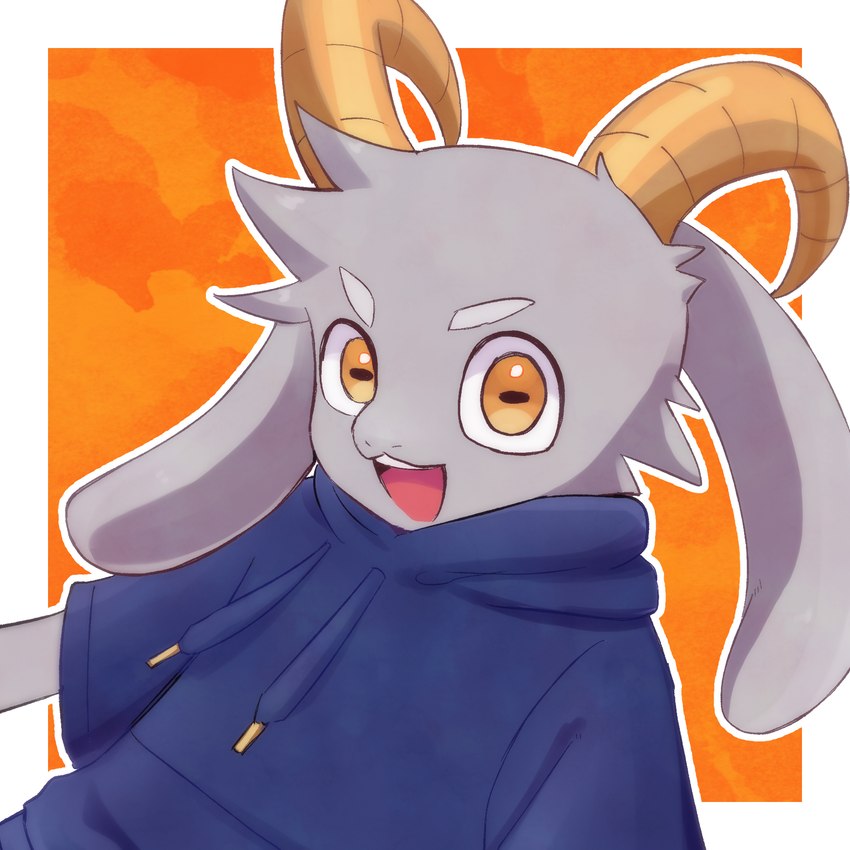 anthro blue_clothing blue_hoodie blue_topwear clothed clothing curved_horn fur grey_body grey_fur hair hoodie horn long_ears looking_at_viewer male open_mouth simple_background smile solo topwear garyokuhoshiiyo bolgogi bovid caprine goat mammal 1:1 digital_media_(artwork) hi_res