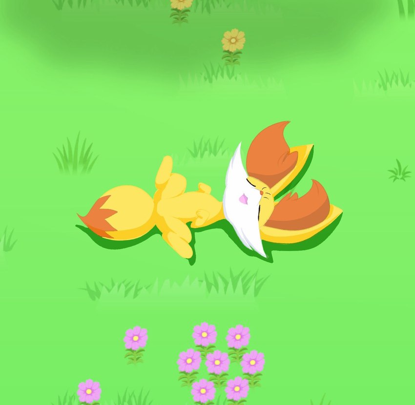 ambiguous_gender eyes_closed featureless_crotch feral flower fur grass inner_ear_fluff lying on_back on_grass open_mouth orange_body orange_fur paws plant sleeping solo spread_legs spreading tongue tuft white_body white_fur yellow_body eiroru nintendo pokemon pokemon_sleep canid canine fennekin generation_6_pokemon mammal pokemon_(species)