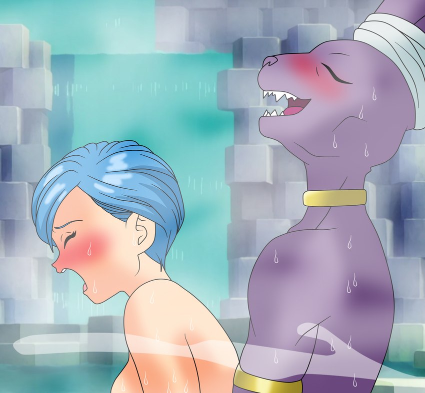 anthro blue_hair duo eyes_closed fangs female hair hairless male male/female nude short_hair teeth water setthh98 dragon_ball dragon_ball_super beerus bulma deity domestic_cat felid feline felis hairless_cat human mammal sphynx_(cat) absurd_res hi_res