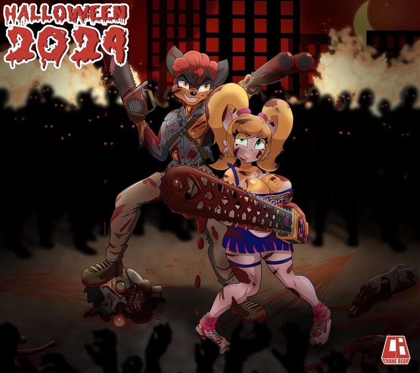 anthro apocalypse blonde_hair blood blood_on_cloth blood_on_face bodily_fluids chainsaw cheerleader cheerleader_outfit city cloth_ripping corpse duo female gun hair holidays male male/female power_tool ranged_weapon red_hair shotgun tools weapon cranebear evil_dead halloween lollipop_chainsaw ash_williams jessica_young_melis juliet_starling ryuichi_kiwamelu canid canine canis domestic_cat domestic_dog felid feline felis mammal undead zombie absurd_res hi_res