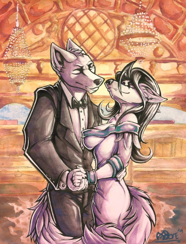 5_fingers anthro ballroom biped black_clothing black_suit clothed clothing dancing detailed_background dress duo elegance female fingers fur hair humanoid_hands male romantic romantic_ambiance suit boneitis canid canine canis mammal wolf 2019 hi_res signature