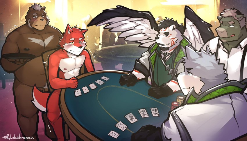 ace_of_clubs ace_of_diamonds ace_of_hearts ace_of_spades anthro black_hair blue_eyes blush bodily_fluids bottomwear brown_body brown_fur card casino clothing facial_hair flaccid four_of_a_kind_(poker_hand) fur genitals gloves grey_body grey_fur grin group hair half-closed_eyes handwear heterochromia inside jack_of_spades king_of_spades lost_bet male markings narrowed_eyes necktie nervous nine_of_spades nipples nude penis playing_card poker poker_chip poker_table pubes public public_exposure queen_of_spades red_body red_fur red_markings shaking shirt sitting slightly_chubby slightly_chubby_male smile smug straight_flush strip_poker suspenders sweat ten_of_spades tongue tongue_out topwear trembling two_of_clubs white_body white_fur white_hair wings yellow_eyes lokabrenna bear bovid bovine canid canine canis fox mammal wolf hi_res