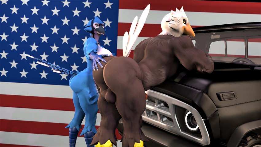 american_flag anthro balls bent_over big_butt bubble_butt butt butt_grab duo erection feathers female flag genitals hand_on_butt light_truck looking_at_viewer male male/female muscular muscular_male nude on_hood penis pickup_truck presenting presenting_hindquarters smile truck_(vehicle) united_states_of_america vehicle vintage_car kyleroo petruz_(copyright) bird_(petruz) accipitrid accipitriform avian bald_eagle bird blue_jay corvid eagle jay_(bird) new_world_jay oscine passerine sea_eagle 16:9 3d_(artwork) digital_media_(artwork) hi_res source_filmmaker_(artwork) widescreen