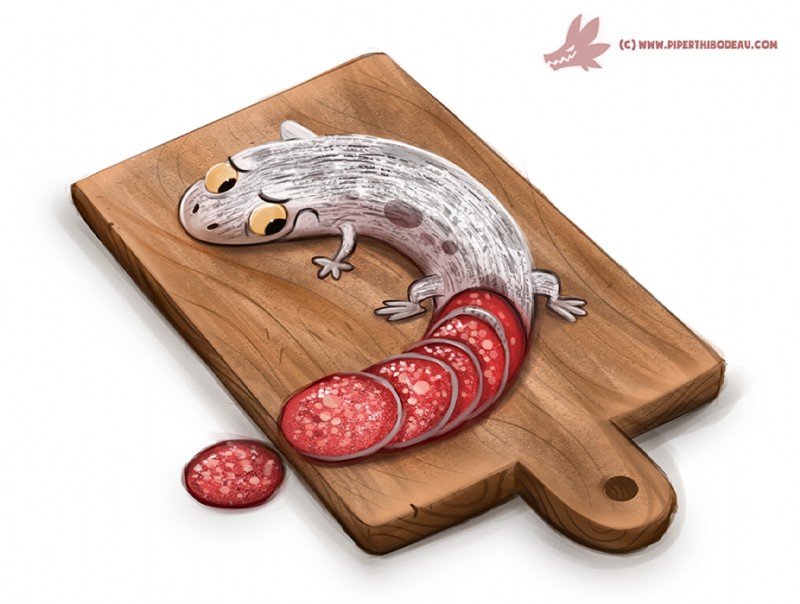 ambiguous_gender cutting_board feral food frown humor meat pun salami sausage simple_background solo text visual_pun white_background yellow_eyes piper_thibodeau amphibian food_creature salamander 2016 digital_media_(artwork) digital_painting_(artwork) url