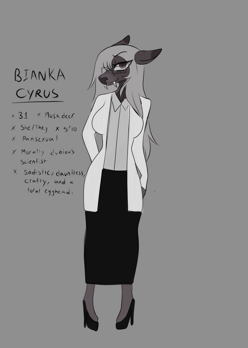 anthro bottomwear clothing coat eyewear fangs female footwear glasses high_heels lab_coat shoes simple_background skirt solo teeth text topwear cumcadaver bianka_cyrus mammal moschid musk_deer absurd_res english_text hi_res