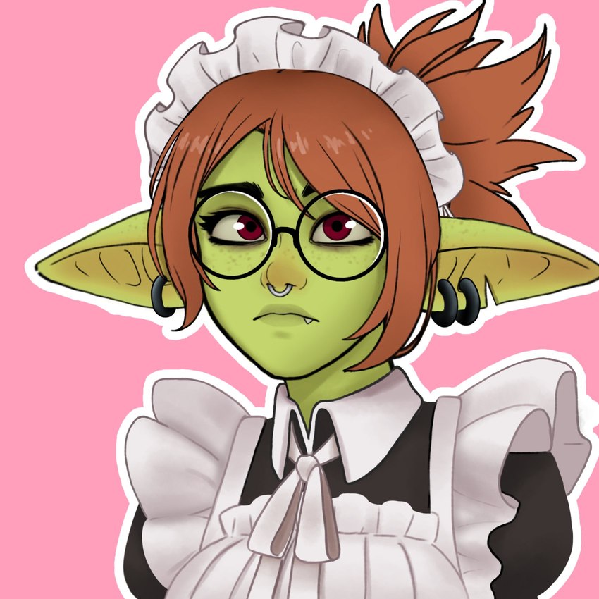 black_eyewear black_glasses breasts clothed clothing ear_piercing eyelashes eyeliner eyewear facial_piercing female freckles glasses green_body green_skin hair humanoid_pointy_ears looking_at_viewer maid_collar maid_hat maid_headdress maid_uniform makeup nose_piercing nose_ring not_furry notched_ear piercing pointy_ears red_eyes red_hair ring_piercing septum_piercing septum_ring simple_background snaggle_tooth solo uniform tricky576 goblin humanoid mammal 1:1 digital_media_(artwork) half-length_portrait hi_res portrait