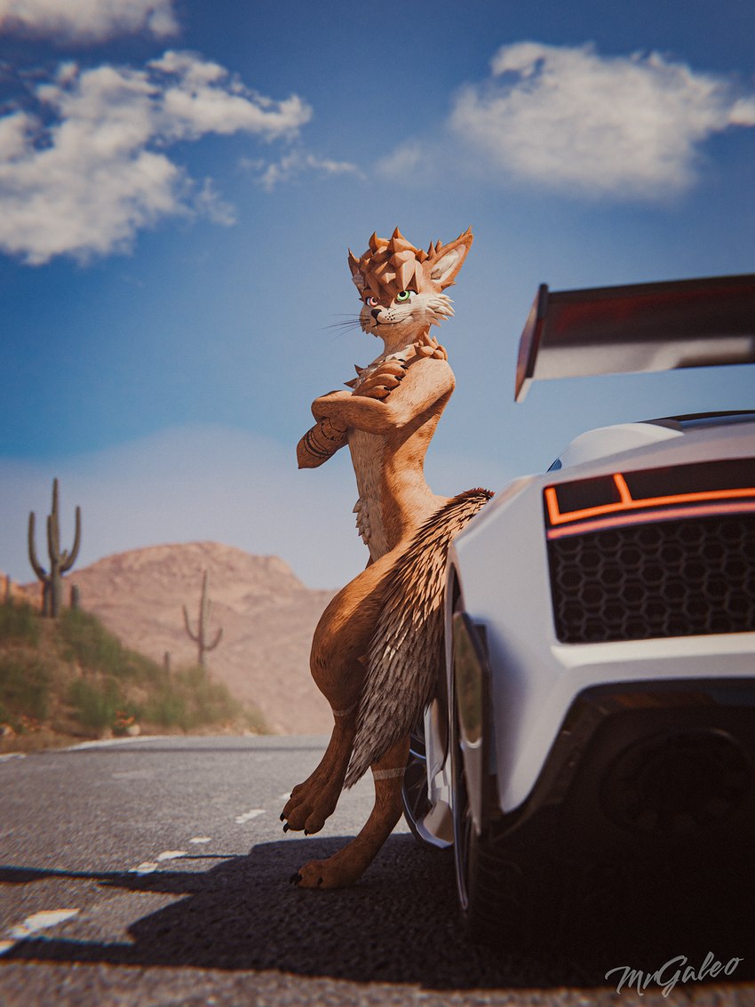 anthro cactus car desert fluffy fur hair male outside paws plant sky smile solo tail vehicle mrgaleo audi_r8 blender_cycles rolen mammal rexouium 3:4 3d_(artwork) blender_(artwork) digital_media_(artwork) hi_res