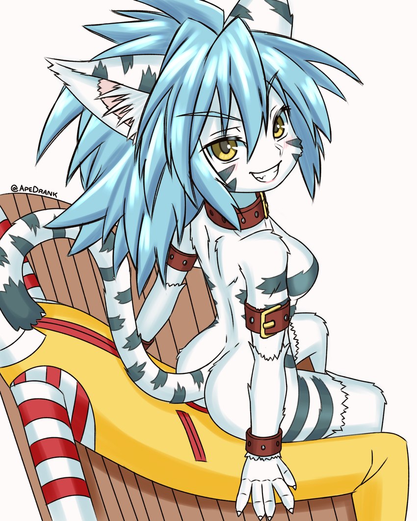 anthro bedroom_eyes belt biped blue_hair blush breasts butt cute_fangs fangs female fur hair kemono leucistic looking_at_viewer mascot mischievous mischievous_smile narrowed_eyes on_lap sculpture seductive side_boob simple_background sitting sitting_on_lap smile solo statue stripes tail teeth white_background yellow_eyes apedrank mcdonald's fuurin_rei ronald_mcdonald felid mammal pantherine tiger 2024 4:5 hi_res