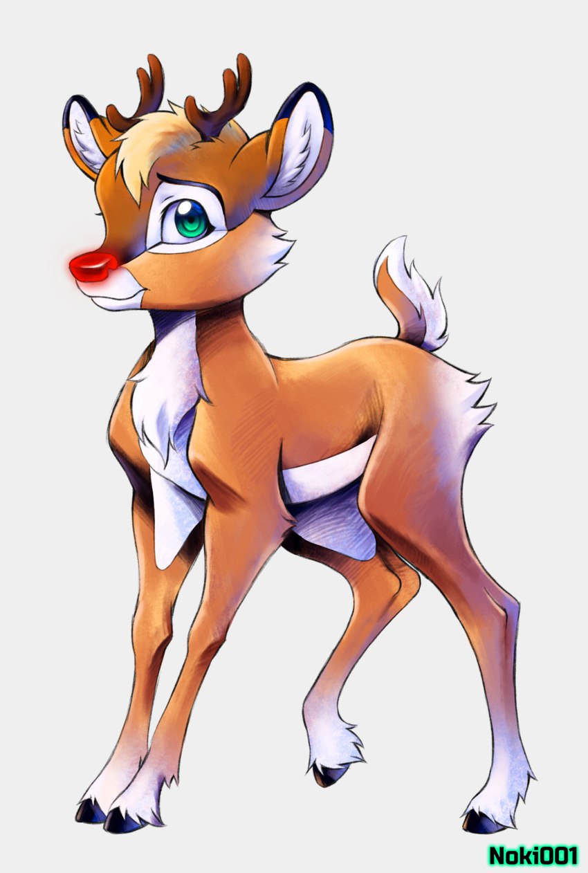 ambiguous_gender brown_body brown_fur feral fur glowing glowing_nose green_eyes hooves lighter_belly one_leg_up raised_leg red_glow red_nose short_tail simple_background small_antlers solo standing tail white_background young young_feral noki001 deer mammal new_world_deer reindeer hi_res