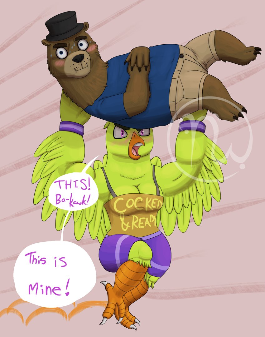 2_toes 3_toes anthro arms_bent barefoot beak bent_leg big_breasts black_claws black_eyebrows black_top_hat blue_clothing blue_eyes blue_shirt blue_t-shirt blue_topwear blush bodily_fluids bottomwear breasts brown_body brown_bottomwear brown_clothing brown_fur brown_shorts button_(fastener) carrying_another claws cleavage clothed clothed_anthro clothed_male clothing dialogue duo eyebrows feather_hands feathers feet female female_anthro finger_claws fully_clothed fully_clothed_anthro fully_clothed_male fur hands_together light logo looking_at_viewer male male/female male_anthro multicolored_body multicolored_fur muscular muscular_anthro muscular_female nervous nervous_sweat non-mammal_breasts open_mouth orange_beak orange_clothing orange_shirt orange_tank_top orange_topwear pink_background pink_tongue pockets purple_bottomwear purple_clothing purple_eyes purple_skirt purple_wristband shirt shorts simple_background skirt slightly_chubby slightly_chubby_anthro slightly_chubby_male speech_bubble sweat t-shirt tail tail_feathers talons tank_top teeth text thick_eyebrows thick_neck thick_thighs toe_claws toes tongue toothed_beak topwear two_tone_body two_tone_fur whisker_spots white_claws yelling yellow_body yellow_feathers yellow_tail skywater five_nights_at_freddy's fredbear_college scottgames chica_(fnaf) chica_chiken classic_chica_(fnaf) freddy_(fnaf) freddy_fazbear_(fbc) avian bear bird brown_bear chicken galliform gallus_(genus) mammal phasianid ursine 2019 artist_logo colored digital_drawing_(artwork) digital_media_(artwork) english_description english_text hi_res lighting shaded
