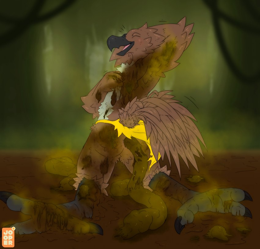 anthro anus beak blush bottomwear brown_body brown_feathers clothing dirty feathers feces feces_covered feces_on_body feces_on_ground feces_pile feet happy kneeling loincloth male mud mud_bath mud_covered musk pooping pooping_on_floor raised_arms raised_tail rubbing scatplay smearing smelly smile solo stink_fumes stink_lines tail talons toes jooper chris_(dirtybirdbutt) avian bird hi_res