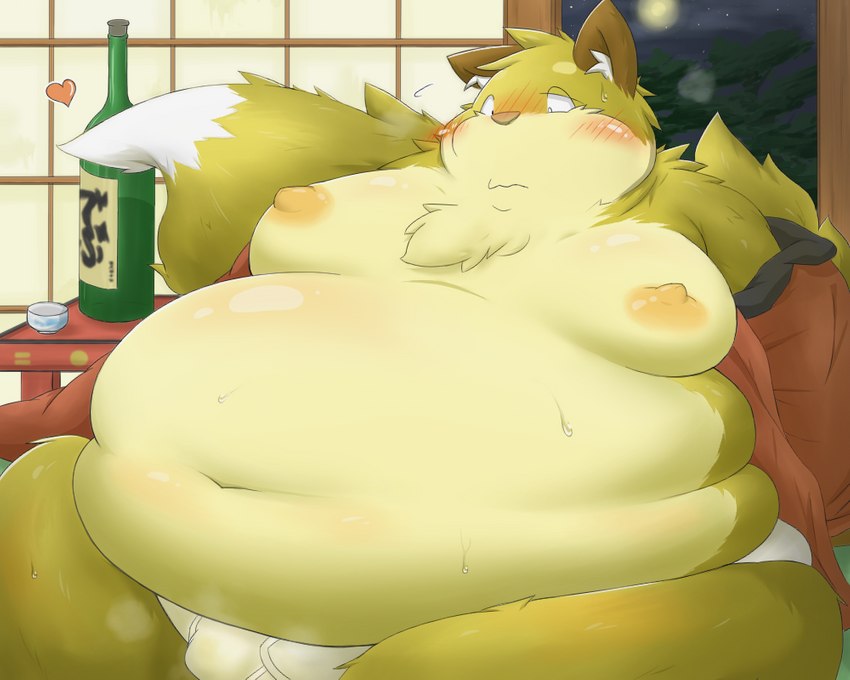 alcohol anthro asian_clothing belly belly_overhang beverage big_belly blush bodily_fluids breath briefs brown_nose bulge chest_tuft clothed clothing dipstick_tail east_asian_clothing fur furniture heart_symbol japanese_clothing kemono looking_down male markings moobs moon multicolored_tail navel night nipples obese obese_anthro obese_male overweight overweight_anthro overweight_male plant sake sitting sky solo star starry_sky sweat table tail tail_markings text tighty_whities topless tree tuft underwear white_briefs white_clothing white_underwear yellow_body yellow_fur kuroneko_coffee canid canine fox mammal 5:4 japanese_text