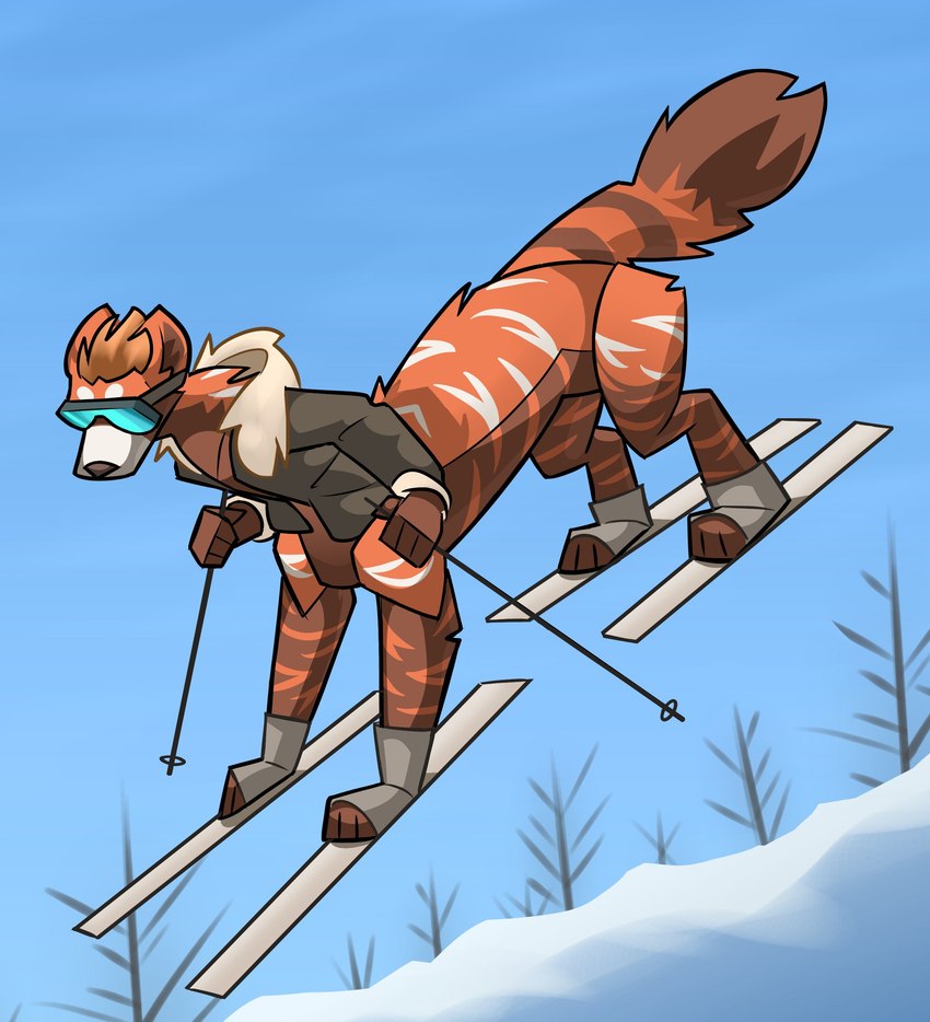 anthro bottomless bottomless_male bottomless_taur clothed clothing coat fur furgonomics green_clothing green_coat green_topwear male outside red_body red_fur ski_goggles ski_pole skiing snow solo topwear topwear_only alsinhyena ailurid ailurid_taur mammal mammal_taur red_panda red_panda_taur taur 2023 absurd_res hi_res