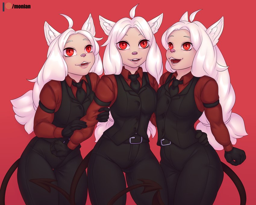 clothed clothing eyebrows eyelashes female group hair open_mouth red_background red_eyes simple_background white_hair monian helltaker cerberus_(helltaker) animal_humanoid canid canid_humanoid canine canine_humanoid dog_humanoid humanoid mammal mammal_humanoid 2020 5:4 hi_res