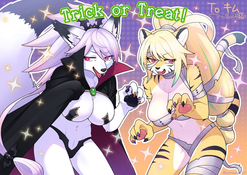 4_fingers anthro bent_over big_breasts black_pawpads blonde_hair breasts cape chest_tuft cleavage clothed clothing costume duo ear_tuft fangs female fingers fluffy fluffy_tail fur hair holidays inner_ear_fluff kemono looking_at_viewer midriff open_mouth open_smile pawpads pink_eyes pink_pawpads smile snout sparkles standing tail teeth text tongue tongue_out tuft white_body white_fur white_hair y2k_(graphic_design) yellow_body yellow_fur yamame513 halloween kitsune-chan_(kim_3022) tora-chan_(kim_3022) canid canine felid fox mammal pantherine 2020 english_text hi_res