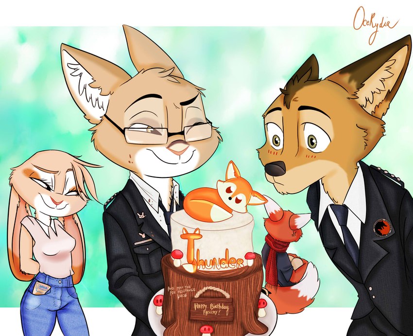 birthday birthday_cake birthday_gift brown_body brown_eyes brown_fur cake clothing dessert eyewear female food fur glasses group male orange_body orange_fur sand_fur tan_body tan_fur uniform ocerydia bad_guy_cafe ardent_fox camoss_darkfly ocerydia_zoona ziegelzeig_zoona canid canine cougar felid feline fox lagomorph leporid mammal rabbit hi_res