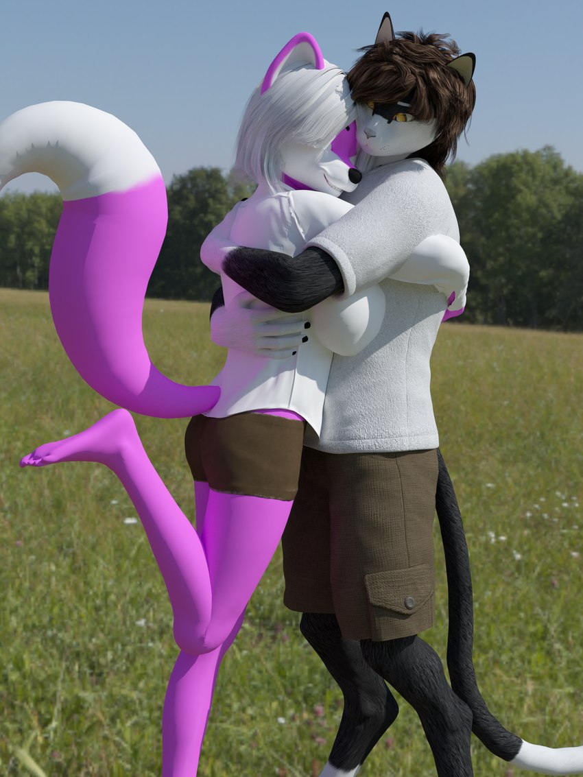 5_toes anthro barefoot big_breasts black_body black_fur breasts brown_hair clothed clothing digitigrade duo feet female field fur hair hug humanoid_feet male male/female pink_body pink_fur plantigrade shirt smile soles toes topwear white_body white_fur white_hair yellow_eyes littlefisky fisk_(angry_cat) yuni_hermit canid canine canis domestic_cat felid feline felis mammal wolf 3:4 3d_(artwork) digital_media_(artwork) hi_res