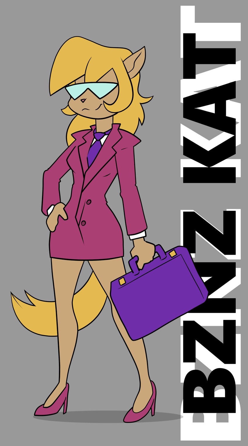 anthro blonde_hair breasts briefcase brown_body brown_fur clothing dress eyewear female fur glasses grey_background hair necktie pink_nose simple_background solo text paoguu hanna-barbera swat_kats callie_briggs domestic_cat felid feline felis mammal absurd_res english_text hi_res