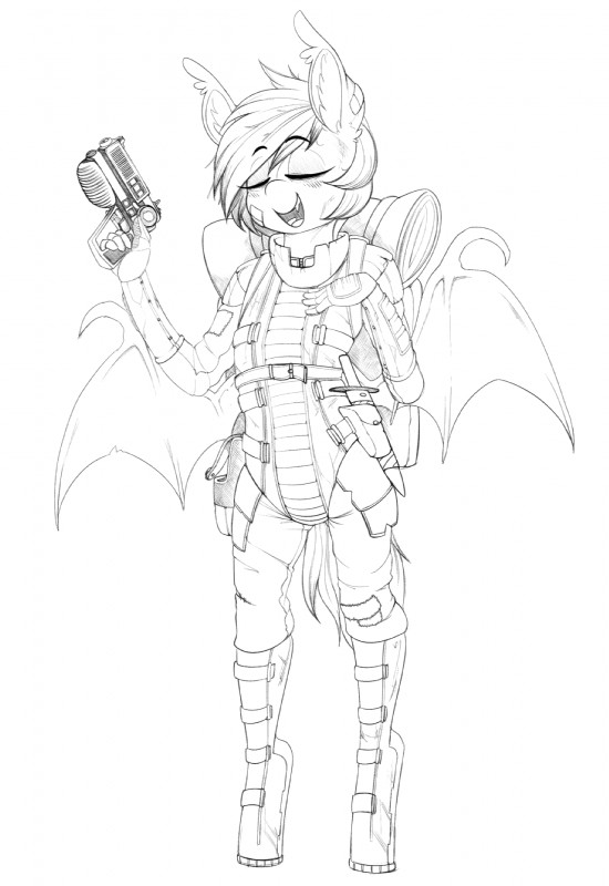 anthro anthrofied armor bandage bat_wings clothed clothing dagger fangs female gun handgun knife melee_weapon membrane_(anatomy) membranous_wings pose ranged_weapon simple_background smug solo standing teeth weapon white_background wings replica_(artist) hasbro my_little_pony fan_character nolegs_(oc) bat_pony equid mammal 2018 black_and_white hi_res monochrome