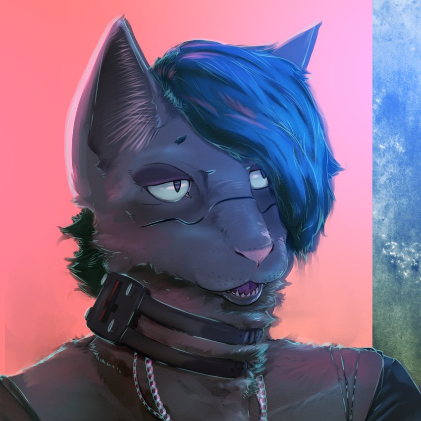 alternative_fashion anthro blue_hair choker cross facial_tattoo hair inverted_cross jewelry male necklace scene_(fashion) solo tattoo brad's_collective domestic_cat felid feline felis humanoid mammal tabby_cat 1:1 hi_res