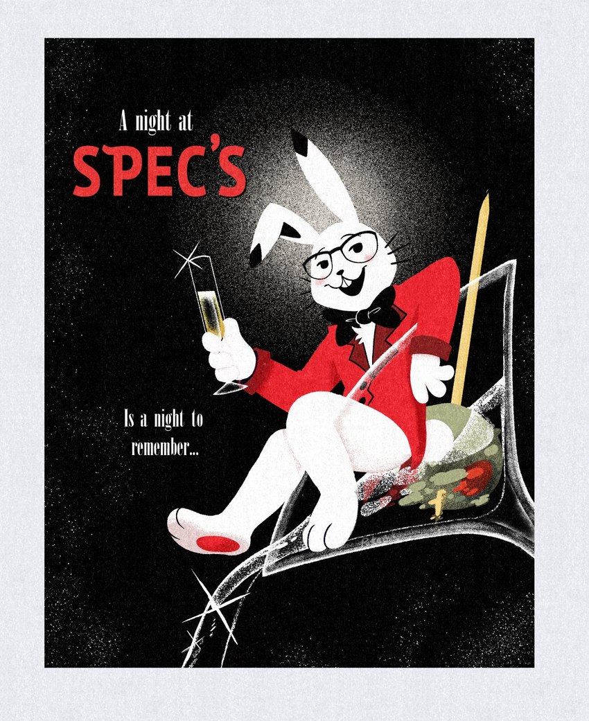alcohol anthro beverage black_bow_tie black_ears black_eyes black_nose blush bow_tie buckteeth champagne champagne_glass clothing cocktail cocktail_glass container cup drinking_glass floppy_ears fur glass glass_container glass_cup half-closed_eyes holding_alcohol holding_champagne_glass holding_glass holding_object long_ears looking_at_viewer male multicolored_clothing multicolored_ears multicolored_suit multicolored_topwear narrowed_eyes pose poster poster_template red_clothing red_suit red_topwear sitting smile solo suit teeth text topwear two_tone_clothing two_tone_ears two_tone_suit two_tone_topwear white_body white_ears white_fur pokonuki spec's_wine_spirits_&_finer_foods spec_(spec's_wine_spirits_&_finer_foods) lagomorph leporid mammal rabbit 2024 digital_media_(artwork) english_text hi_res