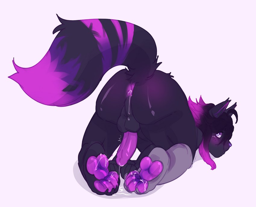 anthro ass_up bodily_fluids breeding_pose butt cum cum_on_butt femboy genital_fluids genitals male pawpads penis prosthetic purple_butt purple_paws purple_penis raised_tail solo tail tempting wetsayuri suerte deity domestic_cat felid feline felis mammal hi_res