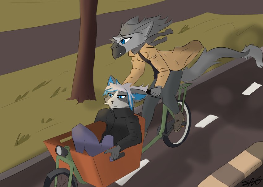 anthro beak bicycle clothed clothing coat duo fur grey_body grey_fur hair male plant smile tail topwear tree vehicle savo savo_(character) avian bird corvid corvus_(genus) crow domestic_cat felid feline felis hybrid mammal oscine passerine sergal hi_res