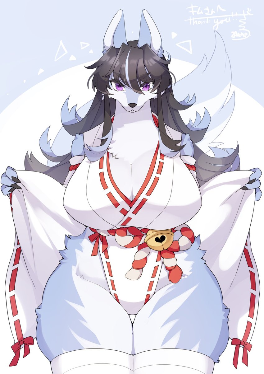 abstract_background anthro asian_clothing big_breasts blue_body blue_fur blue_hair breasts brown_hair cleavage clothed clothing curvy_figure east_asian_clothing female female_anthro fur hair high_cut_miko_outfit japanese_clothing kemono looking_at_viewer miko_outfit multicolored_hair purple_eyes solo two_tone_hair wide_hips wide_sleeves lemoco ookami-chan_(kim_3022) canid canine canis mammal wolf digital_media_(artwork) hi_res shaded