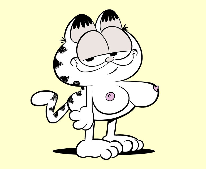 anthro crossgender erect_nipples female half-closed_eyes looking_at_viewer mtf_crossgender narrowed_eyes nipples nude smile smug solo standing toony hotdiggedydemon garfield_(series) garfield_the_cat domestic_cat felid feline felis mammal 2019 full-length_portrait portrait spot_color