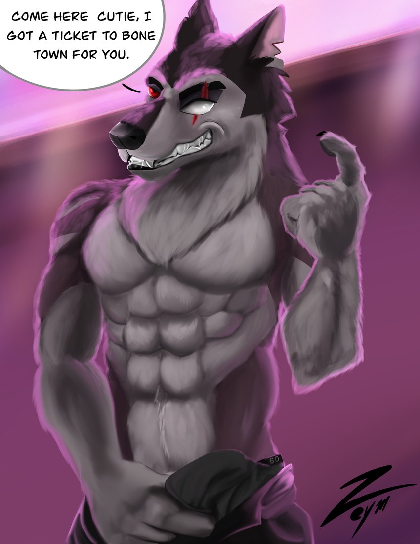 abs anthro arm_tattoo biceps black_nose blind_eye bottomwear bottomwear_down bulge claws clothed clothing detailed_background dialogue dialogue_box erection eye_scar facial_scar fangs fur grey_body grey_fur hair hand_holding looking_at_viewer male multicolored_body multicolored_fur muscular muscular_anthro muscular_male neck_tuft pants pants_down partially_clothed pawpads pecs red_eyes scar smile solo tattoo teeth text tuft two_tone_body two_tone_fur underwear zeym helluva_boss mythology vortex_(helluva_boss) canid canid_demon canine canis demon hellhound mammal mythological_canine mythological_creature wolf absurd_res digital_media_(artwork) english_text hi_res