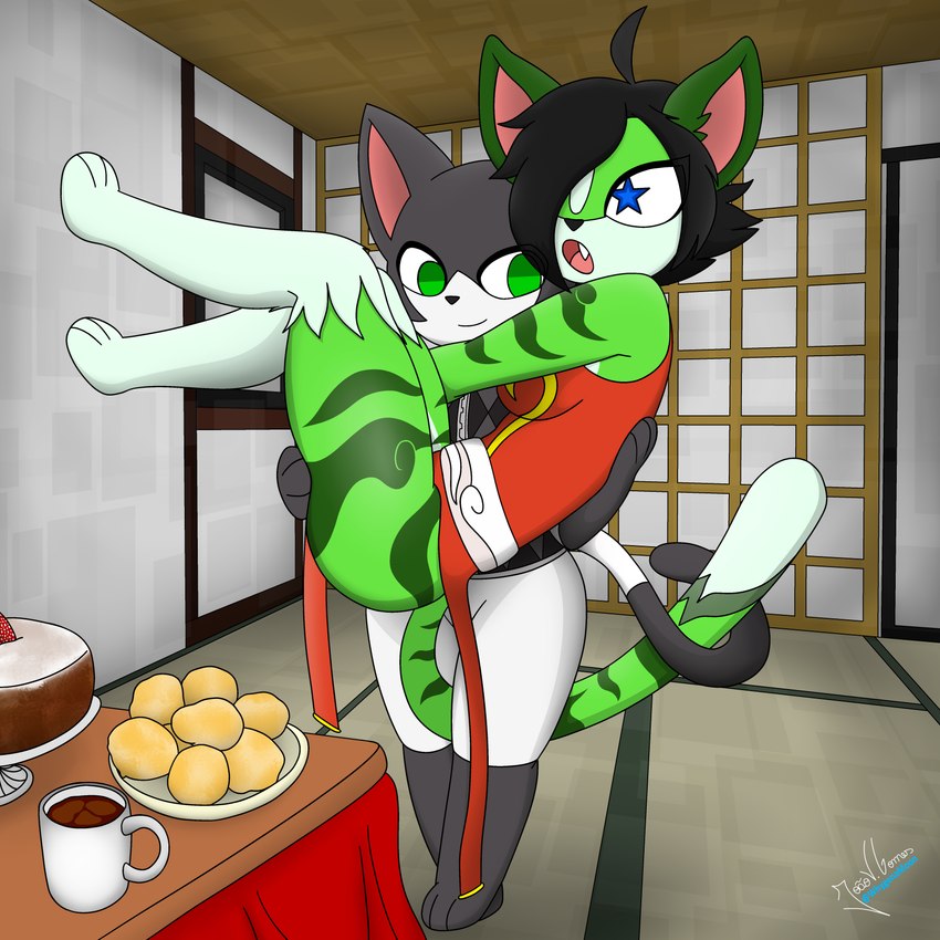 anthro asian_clothing beverage cake carrying_another chinese_clothing clothing coffee coffee_mug dessert duo east_asian_clothing female food fur green_body green_fur male star_eyes whygenamoon feng_(twilightzephyr) jota_the_cat 1:1 absurd_res hi_res