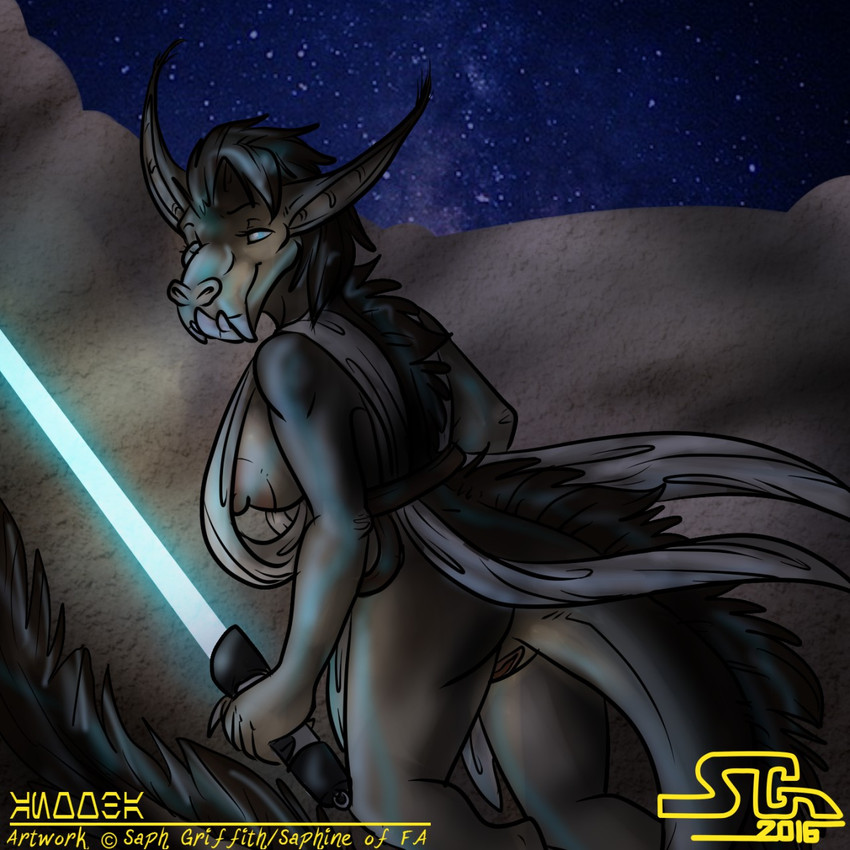 anthro anthrofied blue_lightsaber breasts clothed clothing female genitals holding_object holding_weapon jedi lightsaber long_ears looking_at_viewer looking_back looking_back_at_viewer melee_weapon night partially_clothed pussy side_view solo weapon saphine star_wars anooba mammal 1:1 2016 hi_res portrait three-quarter_portrait