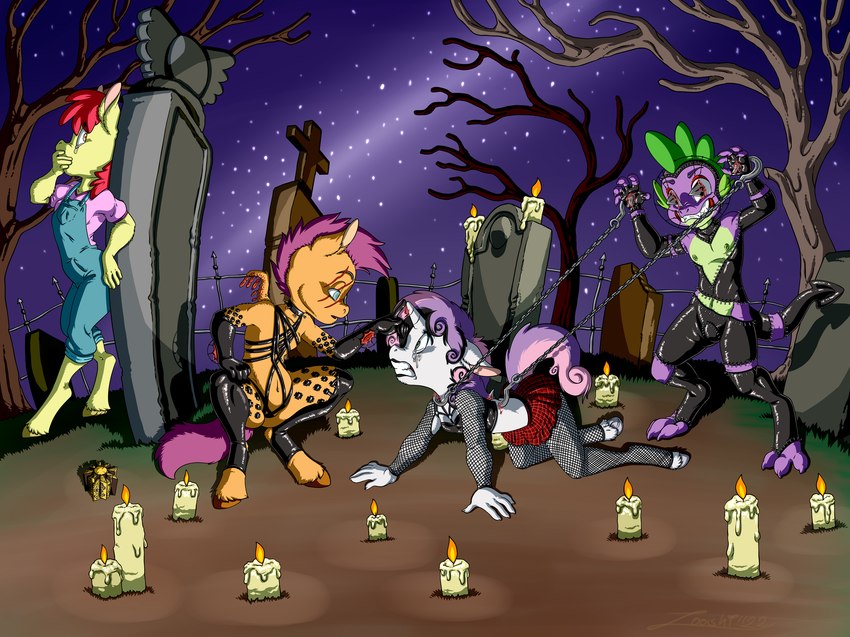 anthro blood bodily_fluids cemetery chain female gore group holidays hook lament_configuration leather male tail terror torture zooshi friendship_is_magic halloween hasbro hellraiser my_little_pony mythology apple_bloom_(mlp) scootaloo_(mlp) spike_(mlp) sweetie_belle_(mlp) cenobite dragon equid equine horse mammal mythological_creature mythological_scalie pony scalie 2023 hi_res