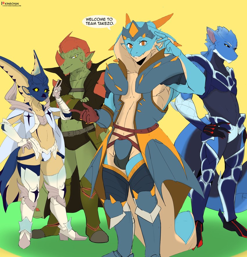 anthro armor blue_body blue_scales clothed clothing green_body green_scales group male scales skimpy kingchan capcom monster_hunter avian canid canine canis espinas flying_wyvern lagiacrus legiana leviathan_(mh) lunagaron mammal scalie wolf absurd_res hi_res