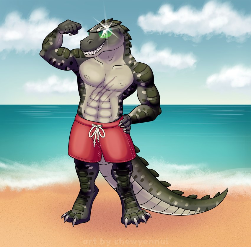 abs anthro beach biceps clothing eyewear flexing flexing_bicep green_body looking_at_viewer male muscular muscular_anthro muscular_male nipples outside pecs sand sea seaside sky smile solo sunglasses swimming_trunks swimwear tail teeth water chewyennui alligator alligatorid crocodile crocodilian reptile scalie absurd_res digital_media_(artwork) hi_res