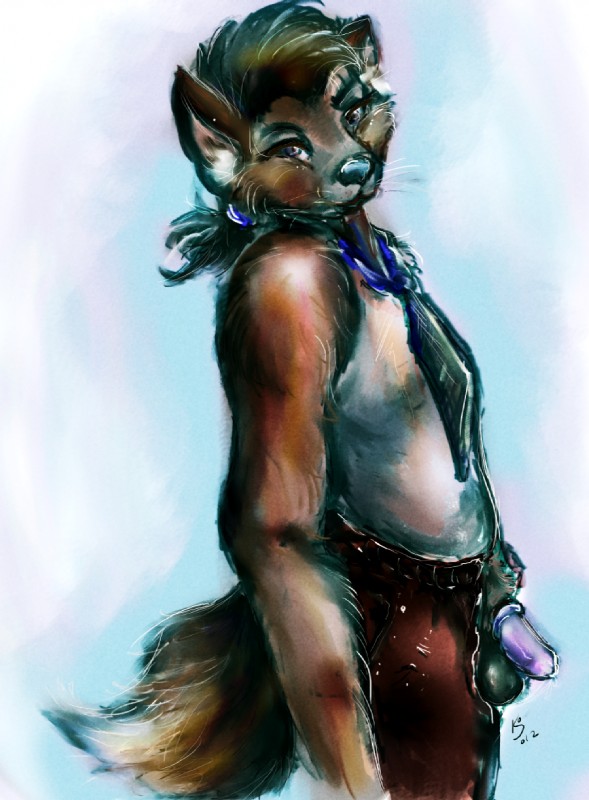 anthro biped black_hair brown_body brown_fur fur genitals hair half-erect looking_at_viewer male penis solo tail dlost canid canine canis domestic_dog mammal 2012 hi_res