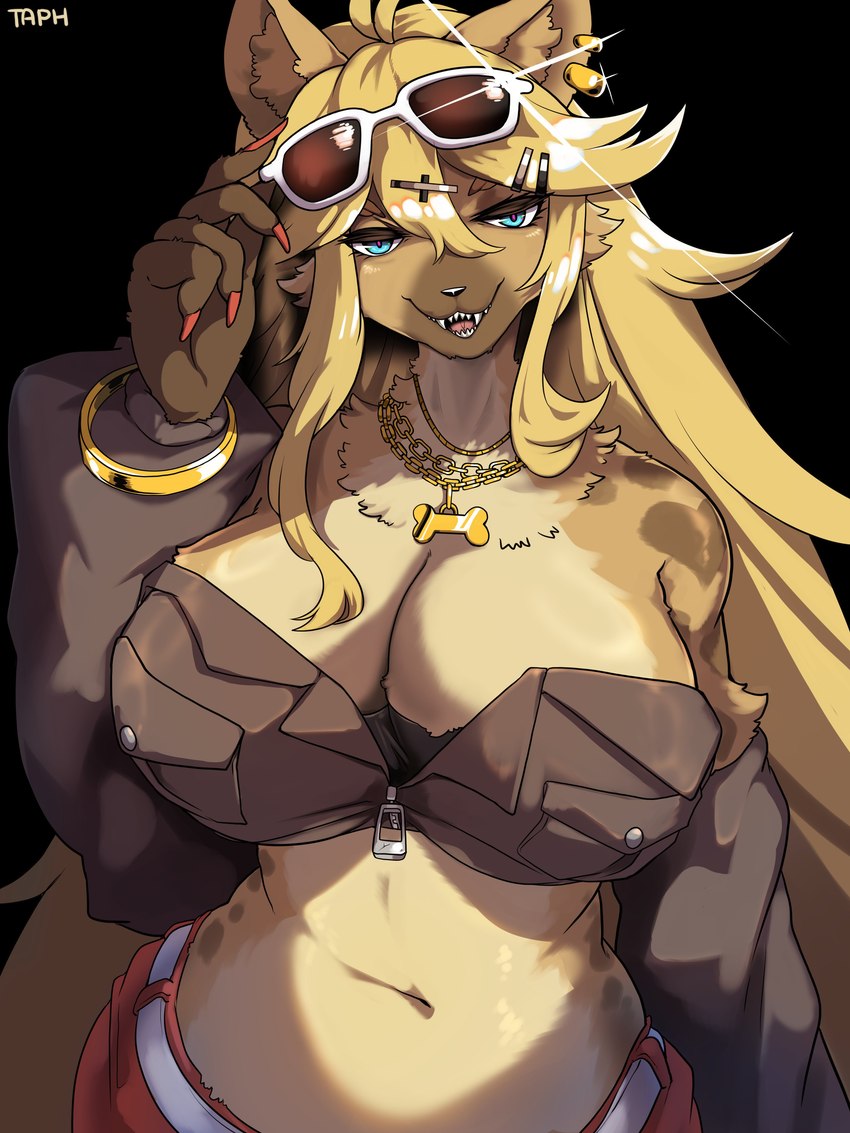 accessory aegyo_sal ahoge alternative_fashion amekaji anthro bare_shoulders belt big_breasts black_background blonde_hair blue_eyes bottomwear bracelet breast_pockets breasts brown_clothing brown_jacket brown_topwear cleavage clothed clothing colored_nails cropped_jacket ear_piercing ear_ring eyewear eyewear_on_head fangs female glint gyaru hair hair_accessory hairclip half-closed_eyes hand_on_sunglasses j-fashion jacket jewelry long_hair long_nails long_sleeves looking_at_viewer midriff nails narrowed_eyes navel necklace off-shoulder_top onee_gyaru open_mouth pants piercing red_bottomwear red_clothing red_nails red_pants ring_piercing sharp_teeth simple_background smile solo streetwear sunglasses sunglasses_on_head teeth topwear zipper taphris vtuber buchiage_hannah hyena mammal spotted_hyena 3:4 absurd_res artist_name hi_res