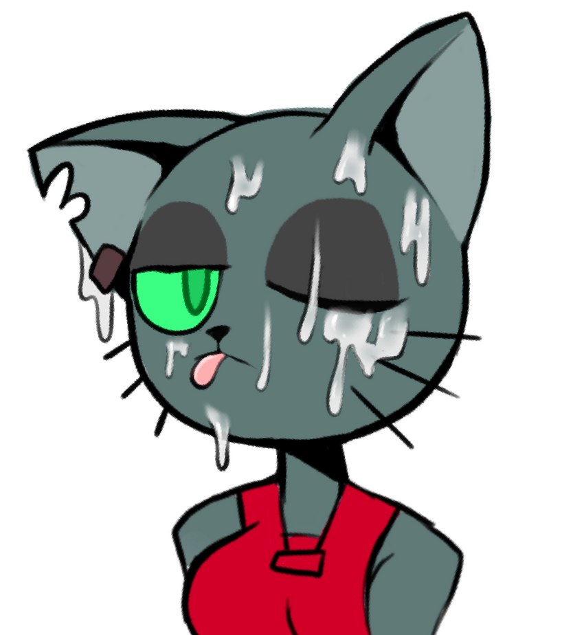 anthro bodily_fluids cum cum_on_face female genital_fluids green_eyes green_sclera notched_ear one_eye_closed simple_background sleeveless_shirt solo tongue tongue_out white_background anonymous_artist daystone kocia_pierdocia domestic_cat felid feline felis mammal 2022 hi_res