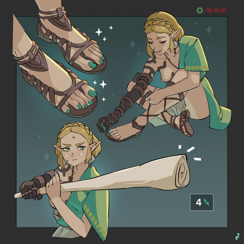 5_toes alternate_costume areola blonde_hair breasts clothing club_(weapon) colored_nails feet female foot_focus footwear greek_toe hair humanoid_feet humanoid_pointy_ears leaning leaning_forward melee_weapon nails nipples one_breast_out painting_nails plantigrade pointy_ears sandals shoes sitting solo square_nails tattoo toes weapon mohoshadream nintendo tears_of_the_kingdom the_legend_of_zelda princess_zelda humanoid hylian 1:1 2023 absurd_res hi_res