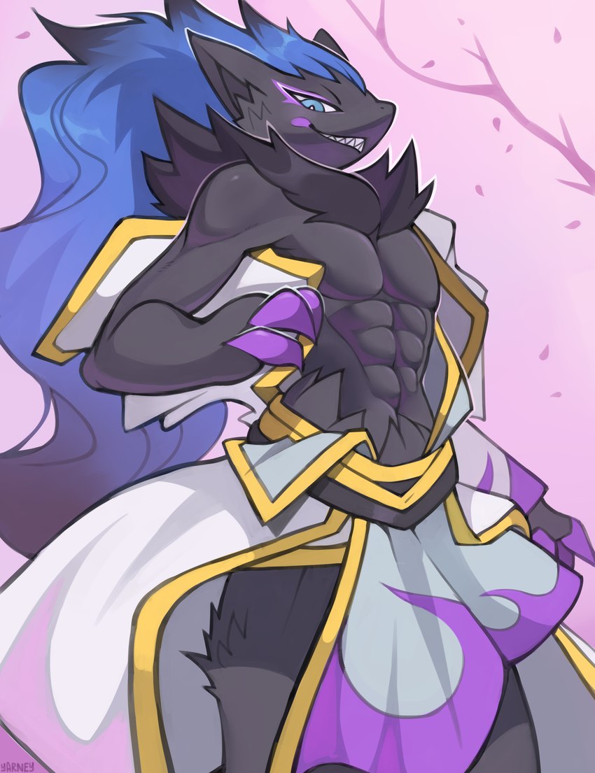 abs anthro black_body black_fur blue_eyes blue_hair claws fingers fur grey_body grey_fur hair male neck_tuft purple_claws solo tuft yarney nintendo pokemon canid canine generation_5_pokemon mammal pokemon_(species) zoroark absurd_res hi_res