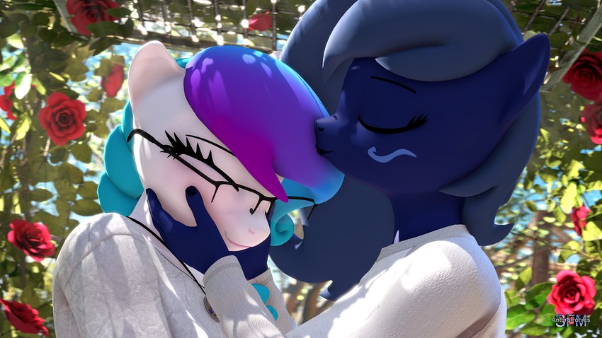 anthro anthrofied blue_hair blush clothing eyewear female female/female glasses gradient_hair hair horn kissing kissing_head purple_hair anthroponiessfm hasbro my_little_pony mythology aurora_starling fan_character midnight_music earth_pony equid equine horse mammal mythological_creature mythological_equine pony unicorn 16:9 3d_(artwork) digital_media_(artwork) hi_res widescreen